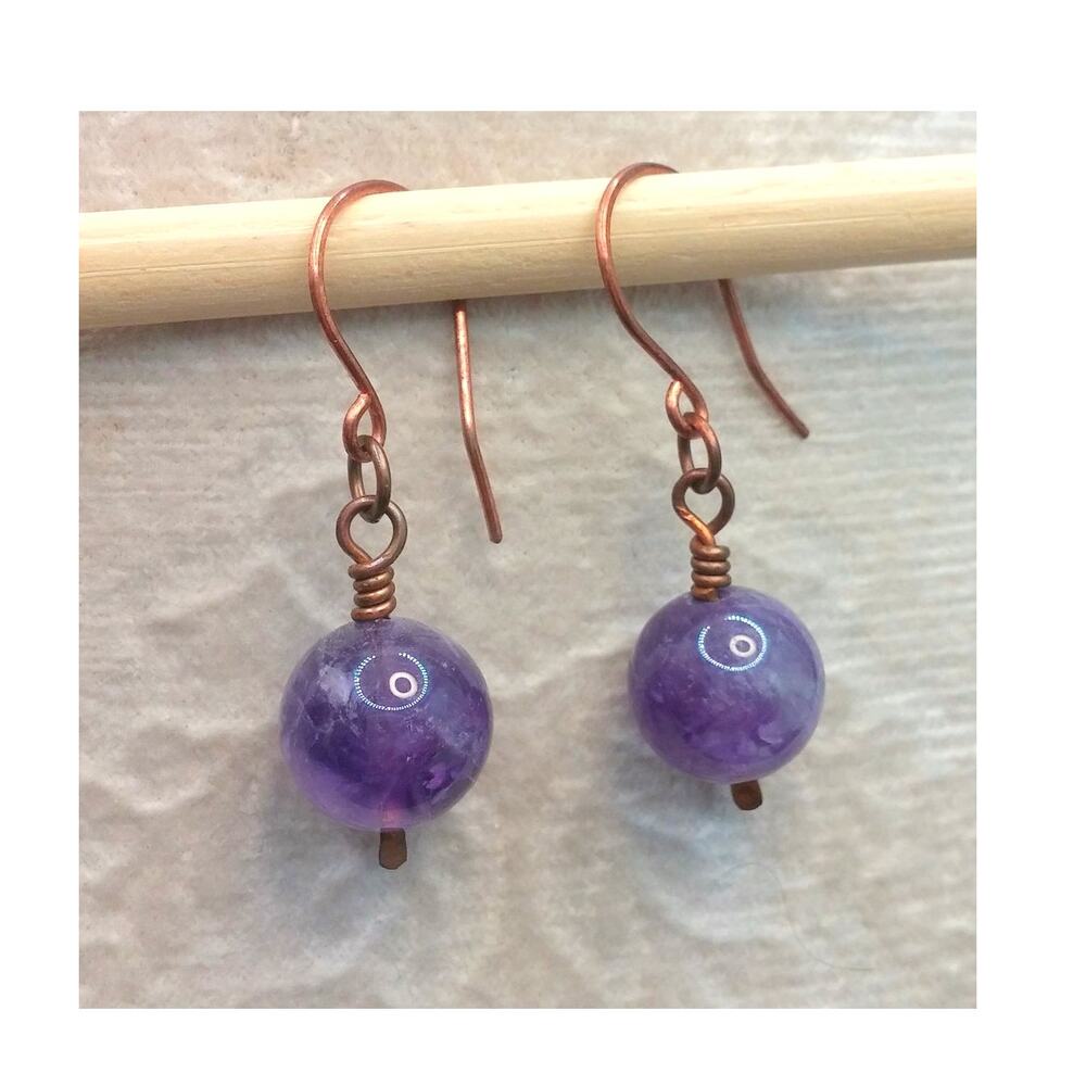 Artisan Copper Amethyst Drop Earrings French Ear Wire Wrapped February Stone NEW